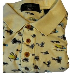Orvis Men's Polo Shirt XL Cotton Yellow with Fly Fishing Lures Flies‎ Graphic